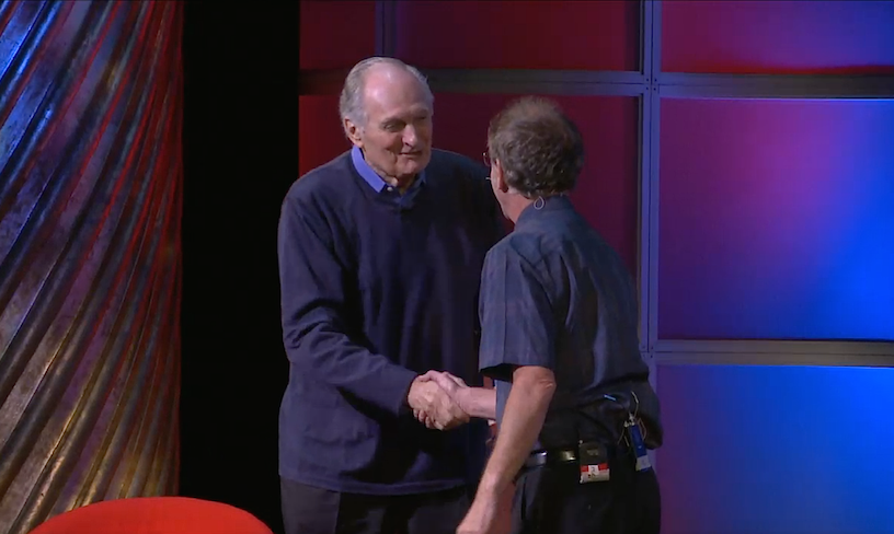 Alan Alda congratulates Eddie Goldstein at the 2017 World Science Festival in New York City
